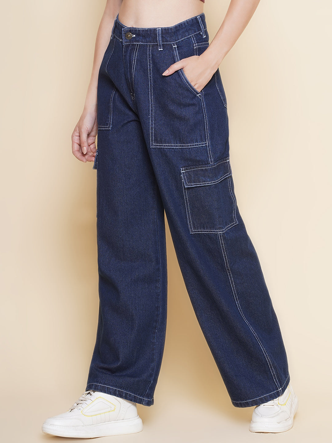 PUELLA Women’s Black Cargo Straight Fit stretchable Jeans with Contrast Stitching – Multi-Pocket Utility Denim