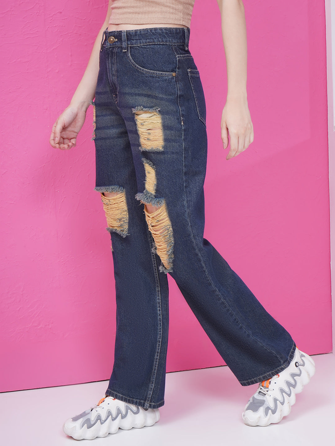 PUELLA Women Dark Blue High-Rise Distressed Straight Fit Jeans