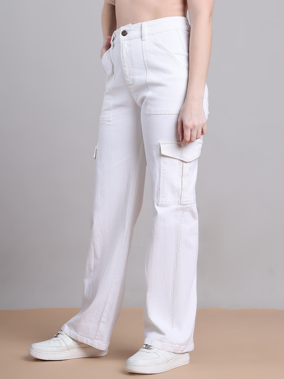 PUELLA Women White High-Rise Cargo Wide-Leg Jeans