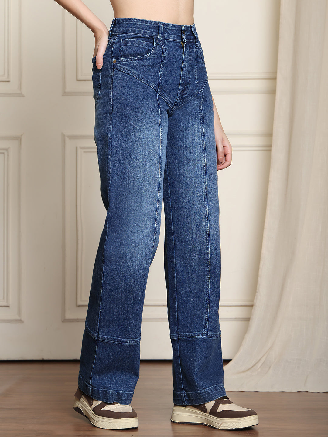 PUELLA Women High-Rise Dark Blue Panelled Wide-Leg Jeans