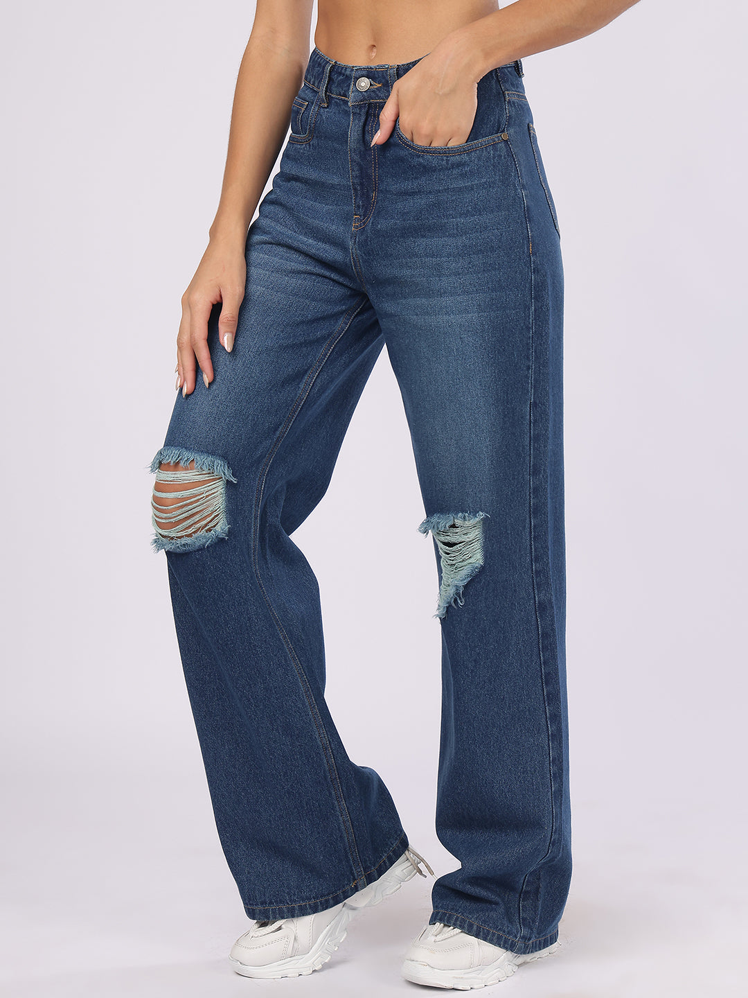 Women’s Dark Blue Distressed Straight Fit Denim Jeans