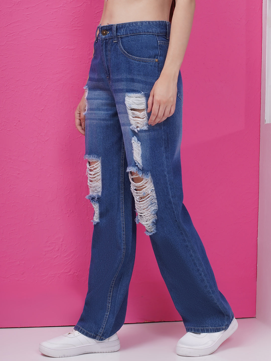 PUELLA Women’s Dark Blue High-Rise Distress Straight Fit Jeans