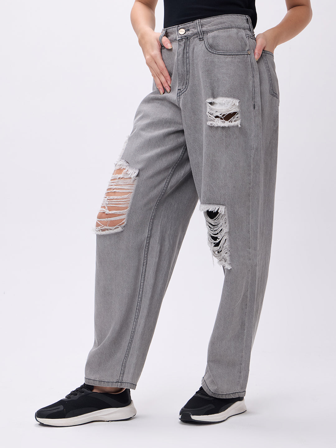 PUELLA Women High-Rise Grey Distressed Wide-Leg Jeans