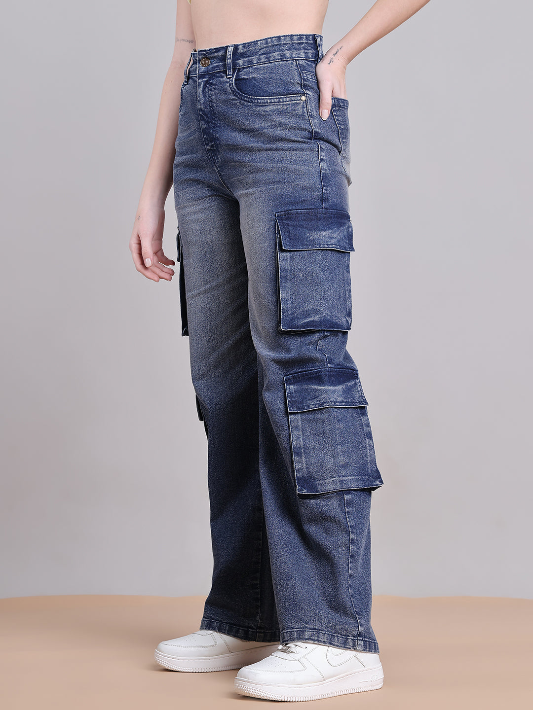 PUELLA Women Dark Blue High-Rise Multi-Pocket Cargo Wide-Leg Jeans