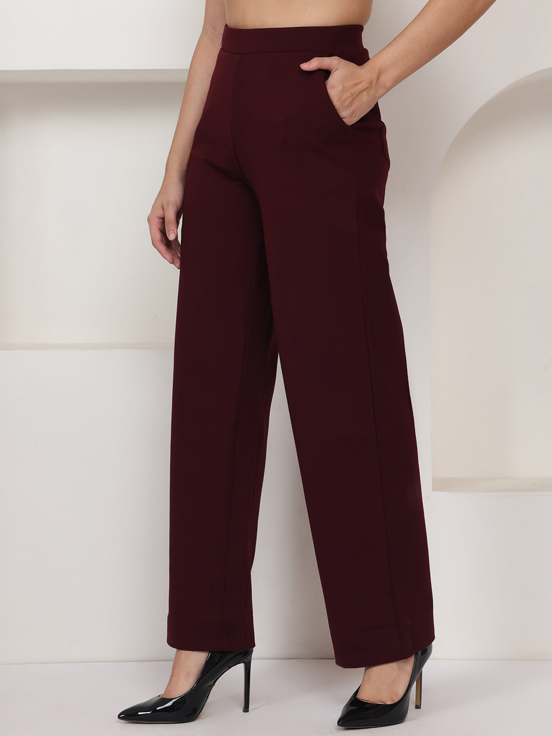 PUELLA Maroon High-Rise Wide-Leg Formal Trousers