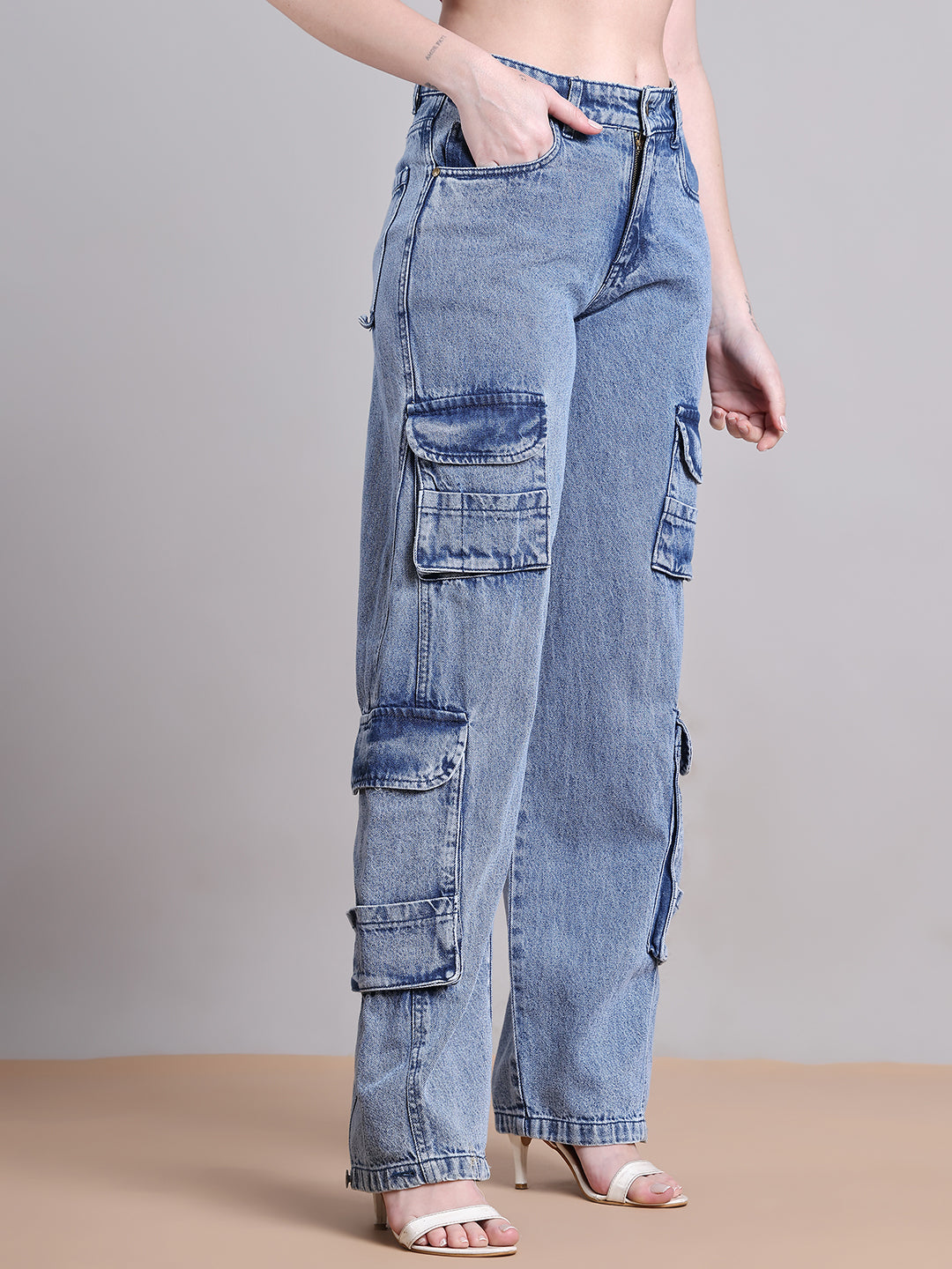 PUELLA Women Light Blue Multi-Pocket Cargo Wide-Leg Jeans