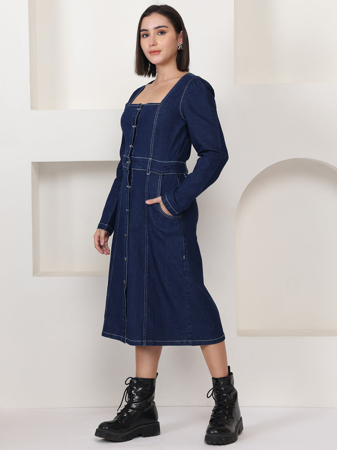 PUELLA Women Navy Blue Denim Square Neck Midi Sheath Dress – Puella
