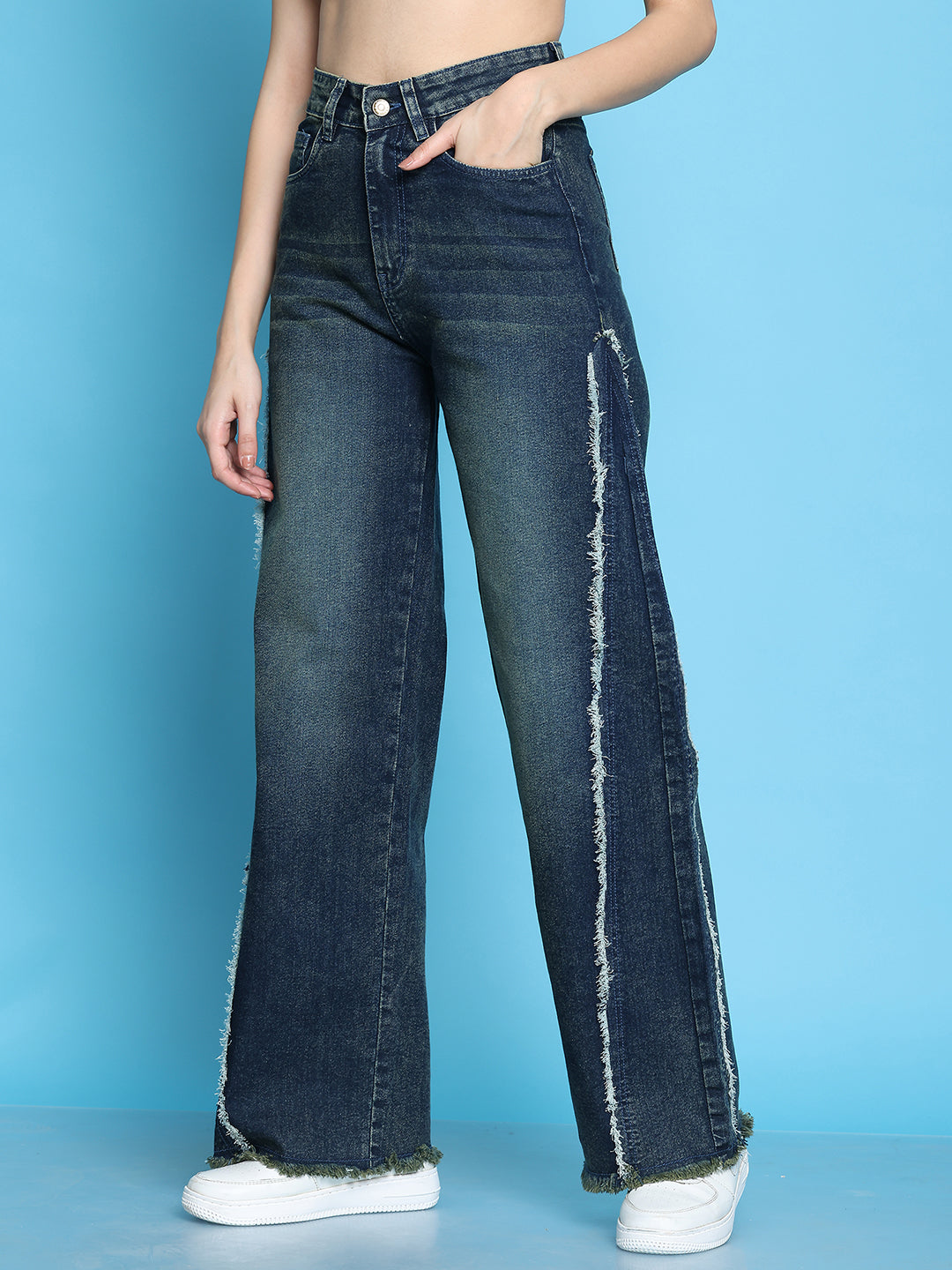 PUELLA Women High-Rise Dark Blue Side Frayed Seam Wide-Leg Jeans