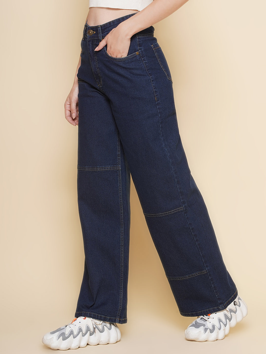 PUELLA Women’s High-Rise Loose Straight Fit Jeans – Dark Blue Patch Stitch Denim