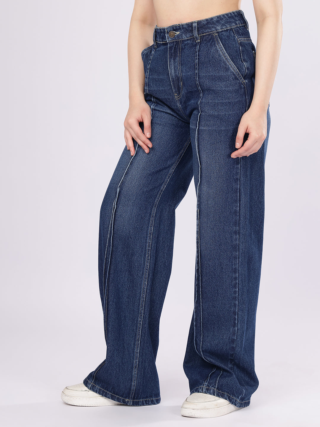PUELLA Women's Dark Wash High-Rise Straight Fit Jeans with Front Seam Detail