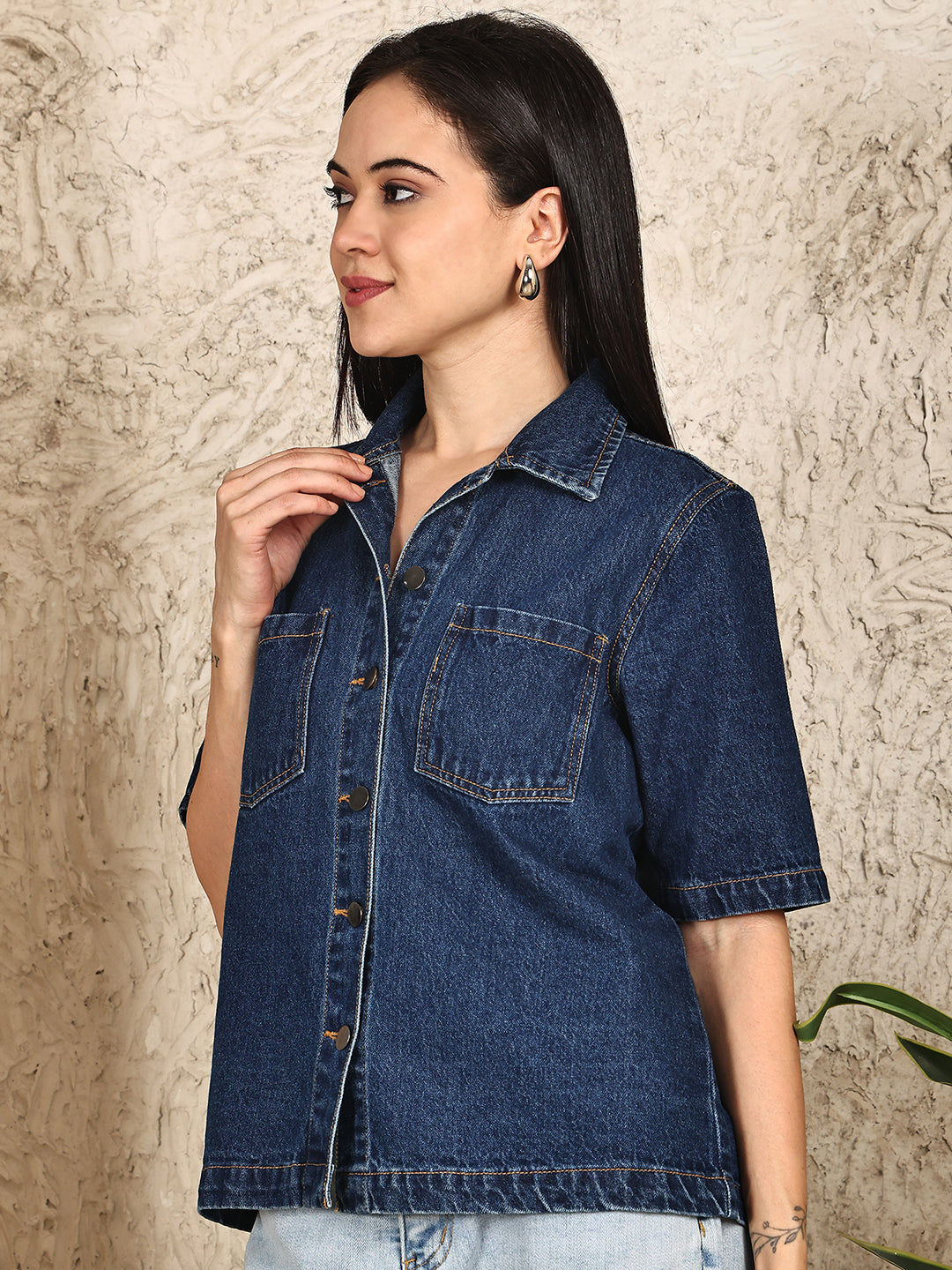 PUELLA Women’s Dark Blue Denim Shirt Top | Half Sleeve Button Down Casual Denim Shirt for Women