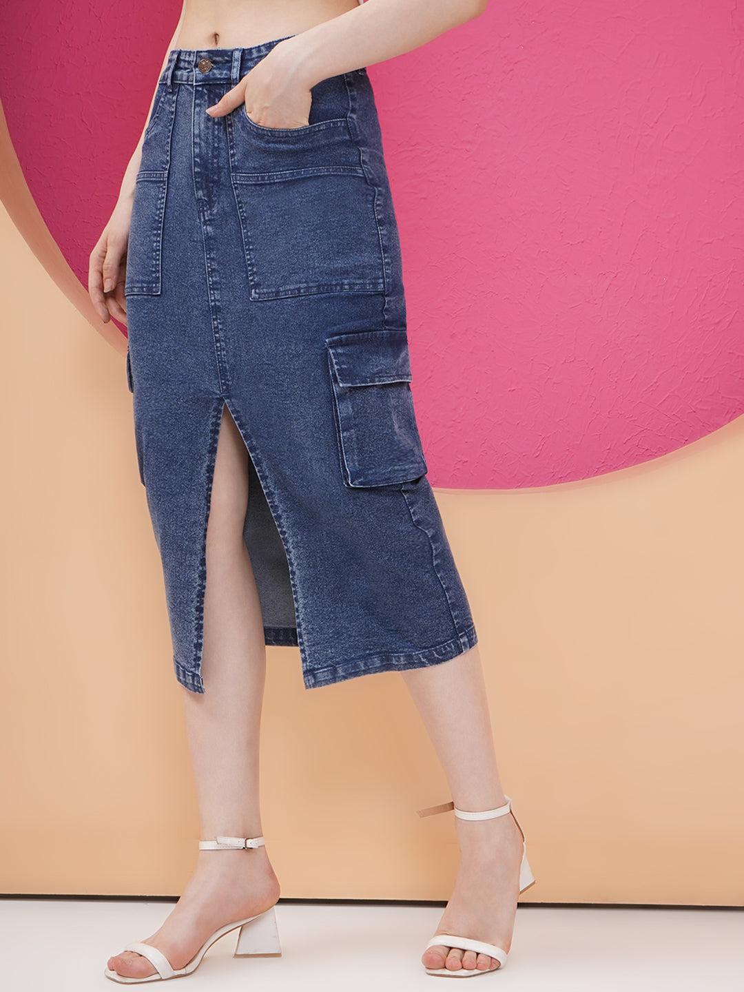 PUELLA Women’s Blue High-Rise Cargo Style Denim Skirt with Front Slit