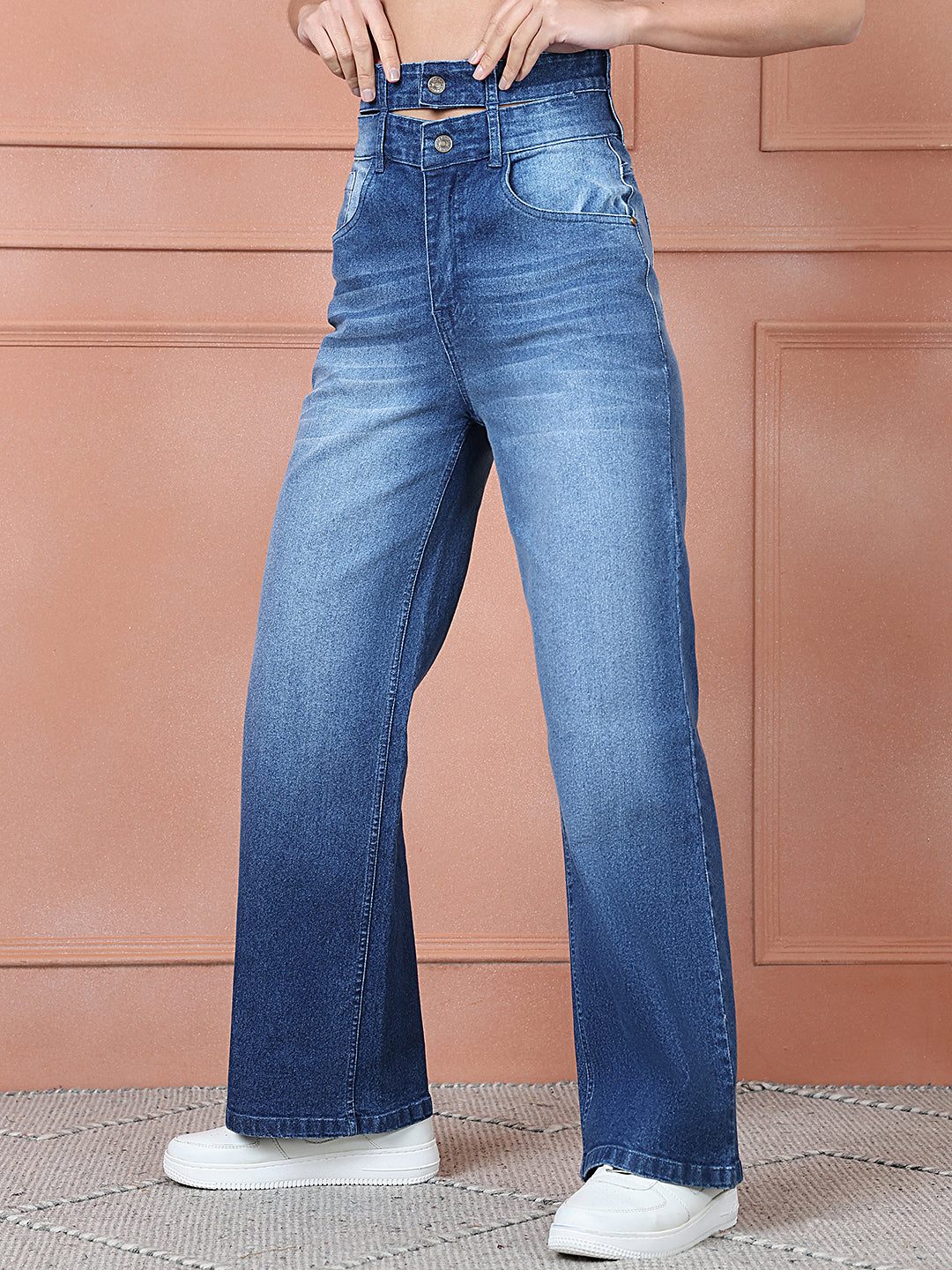 PUELLA Women Mid Blue Washed High-Rise Double Button Wide-Leg Jeans