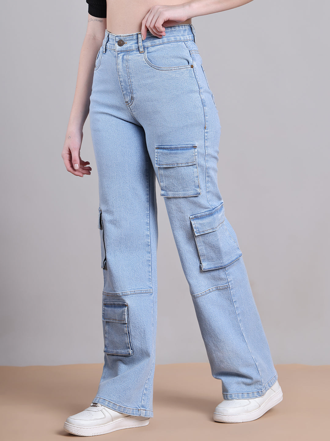 PUELLA Women Light Blue High-Rise Multi-Pocket Cargo Wide-Leg Jeans