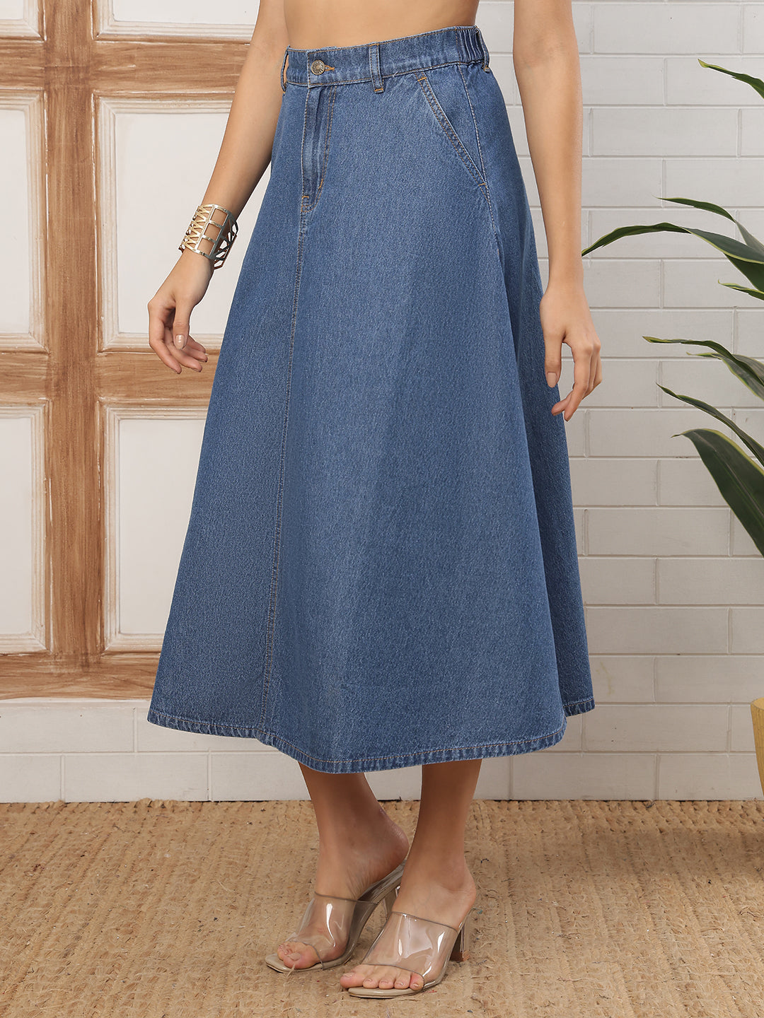 Women’s Dark Blue High-Waist Denim Flare Skirt