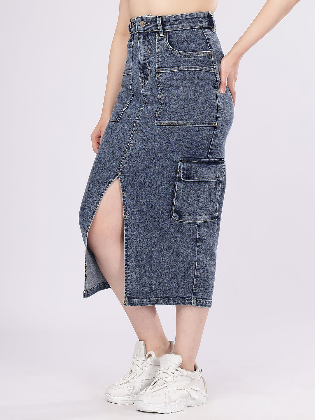 Women’s Blue High-Rise Cargo Denim Skirt