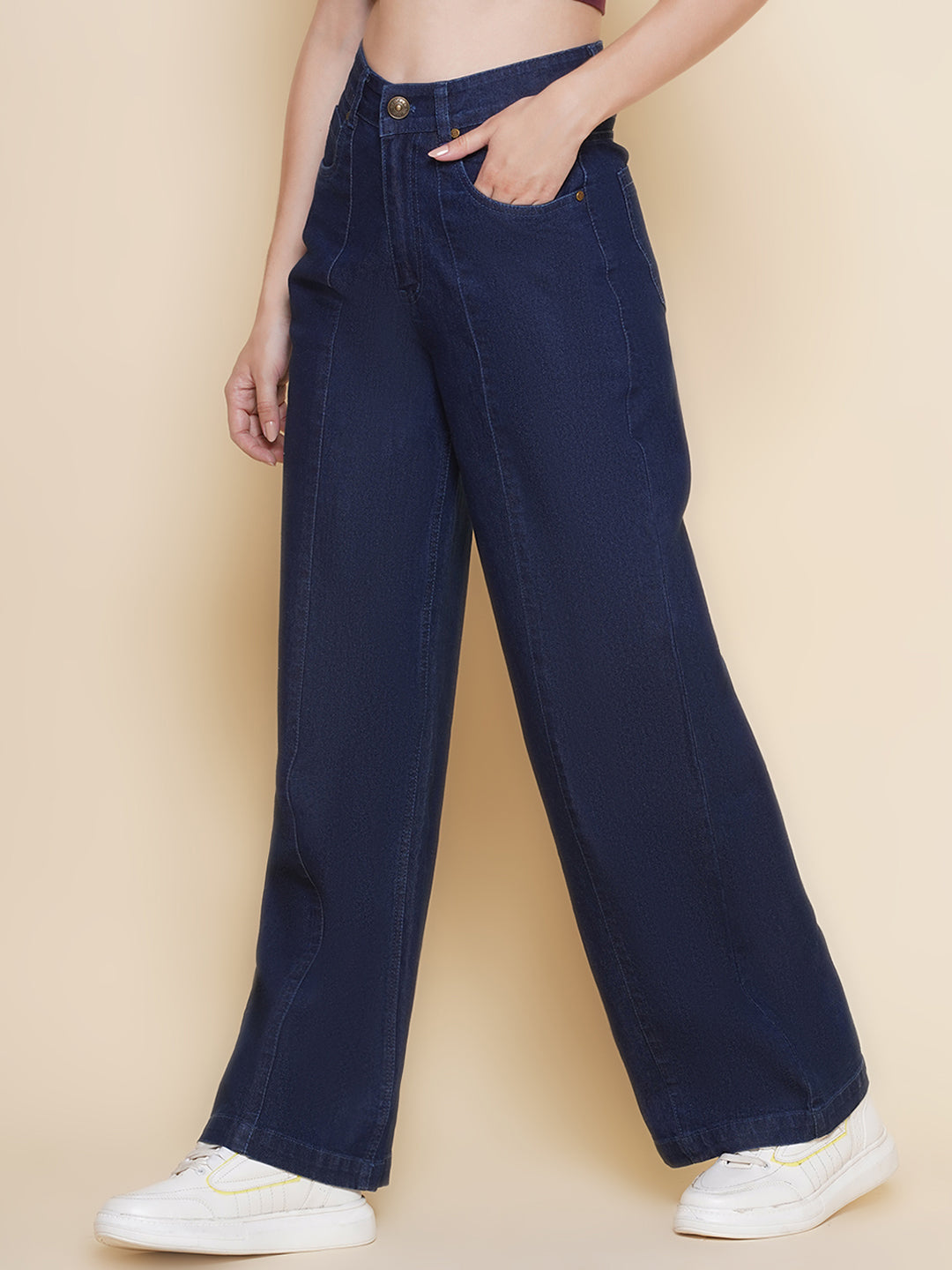 PUELLA Women’s High-Rise Loose Straight Fit Jeans – Dark Navy Blue Denim