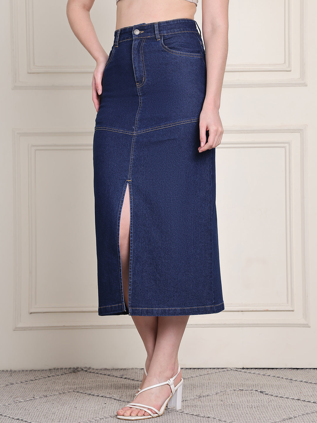 PUELLA Women's Blue Solid A-Line Midi Denim Skirt
