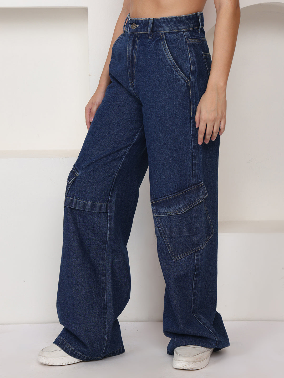 PUELLA Women Dark Blue No-Fade High-Rise Baggy Cargo Jeans