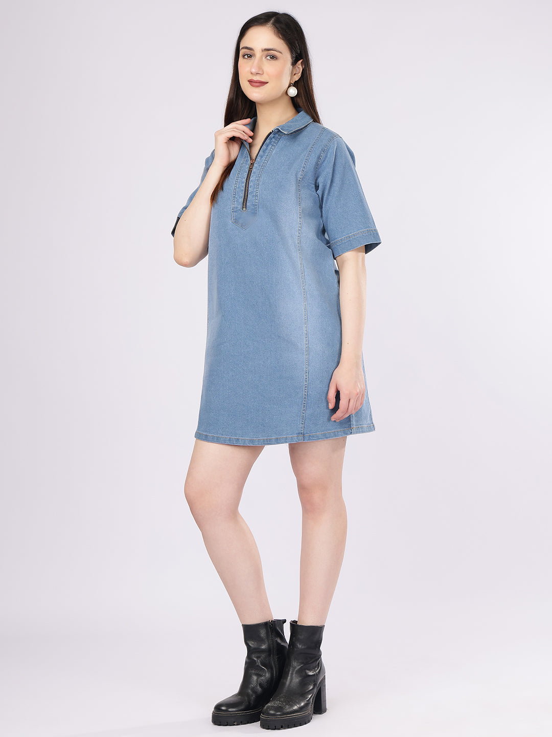 Women's Light Blue Short Sleeve Denim Shift Dress – Casual High-Neck Quarter-Zip Mini Tunic Dress