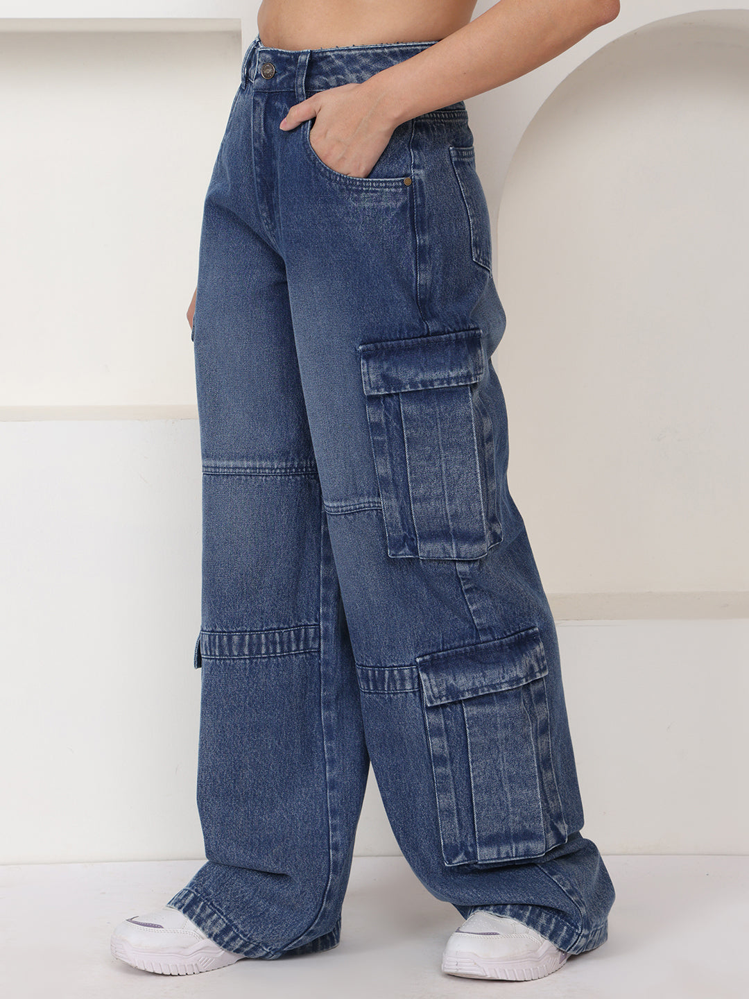 PUELLA Women Medium Blue Light-Fade High-Rise Relaxed Fit Cargo Jeans