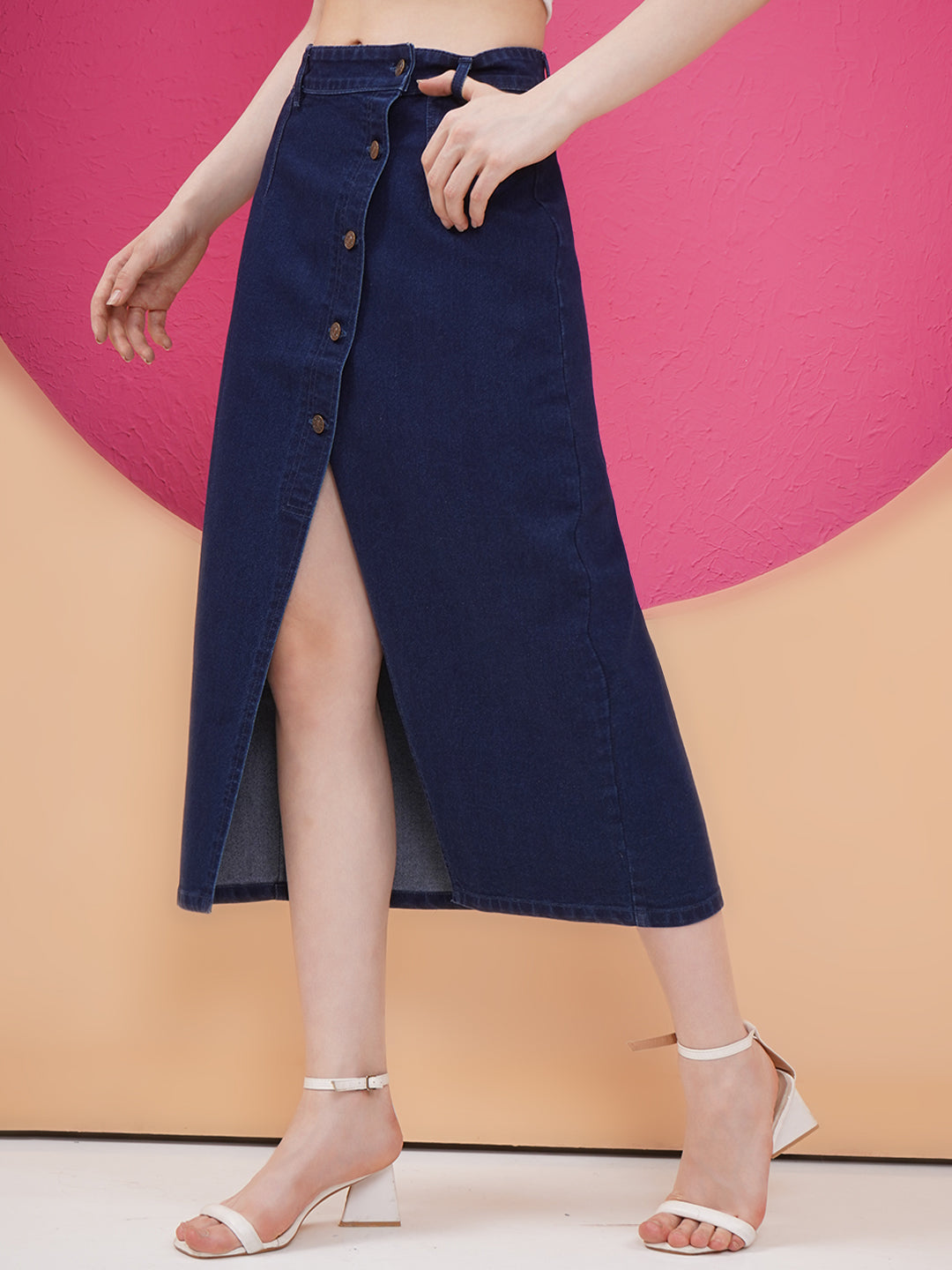 PUELLA Women’s Dark Blue High-Rise Midi Denim Skirt with Front Slit & Button Detailing