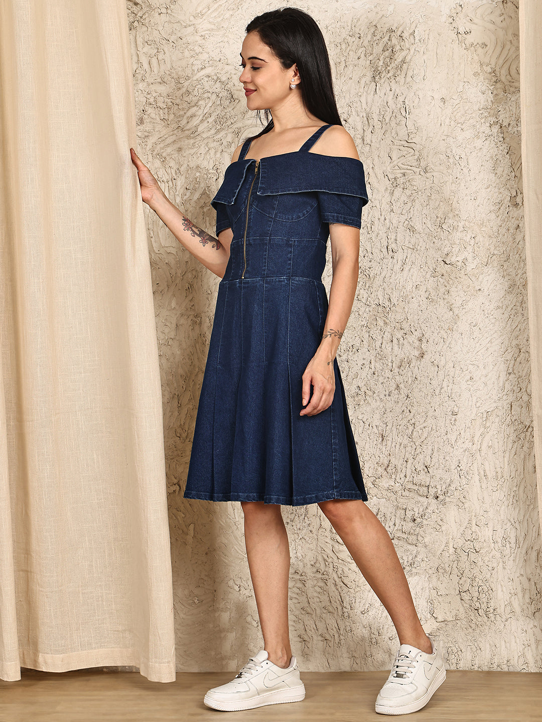 PUELLA Women’s Off-Shoulder Fit & Flare Denim Dress with Front Zip