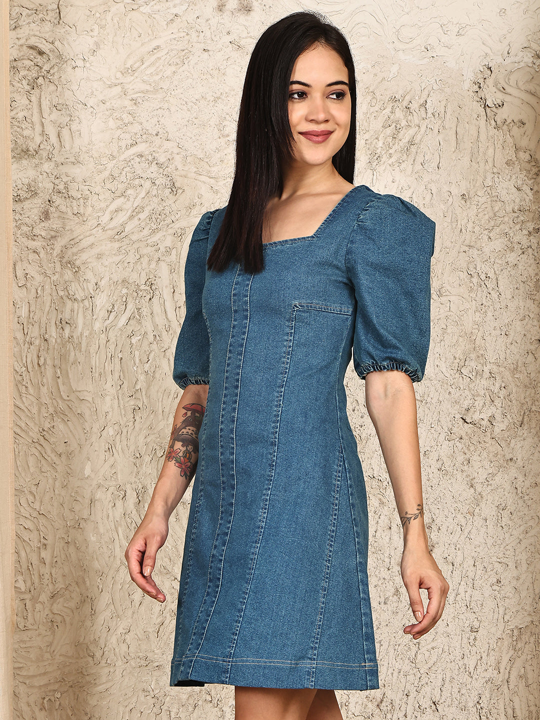 PUELLA Women’s Denim A-Line Mini Dress with Puff Sleeves & Square Neck