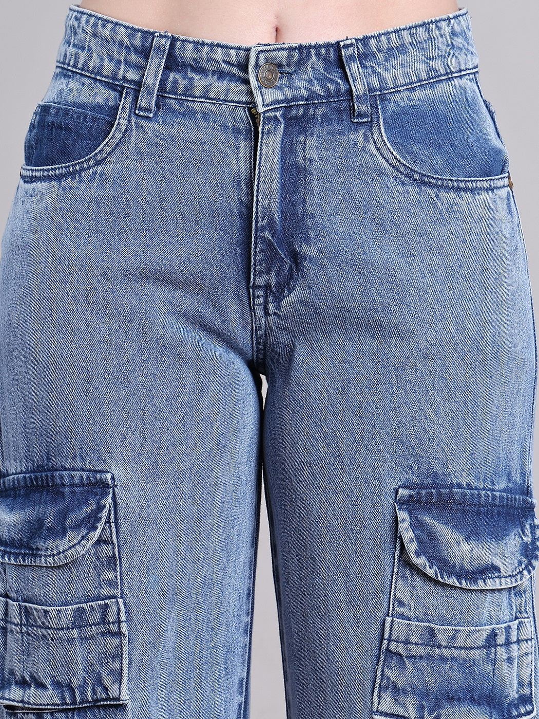 PUELLA Women Light Blue Multi-Pocket Cargo Wide-Leg Jeans