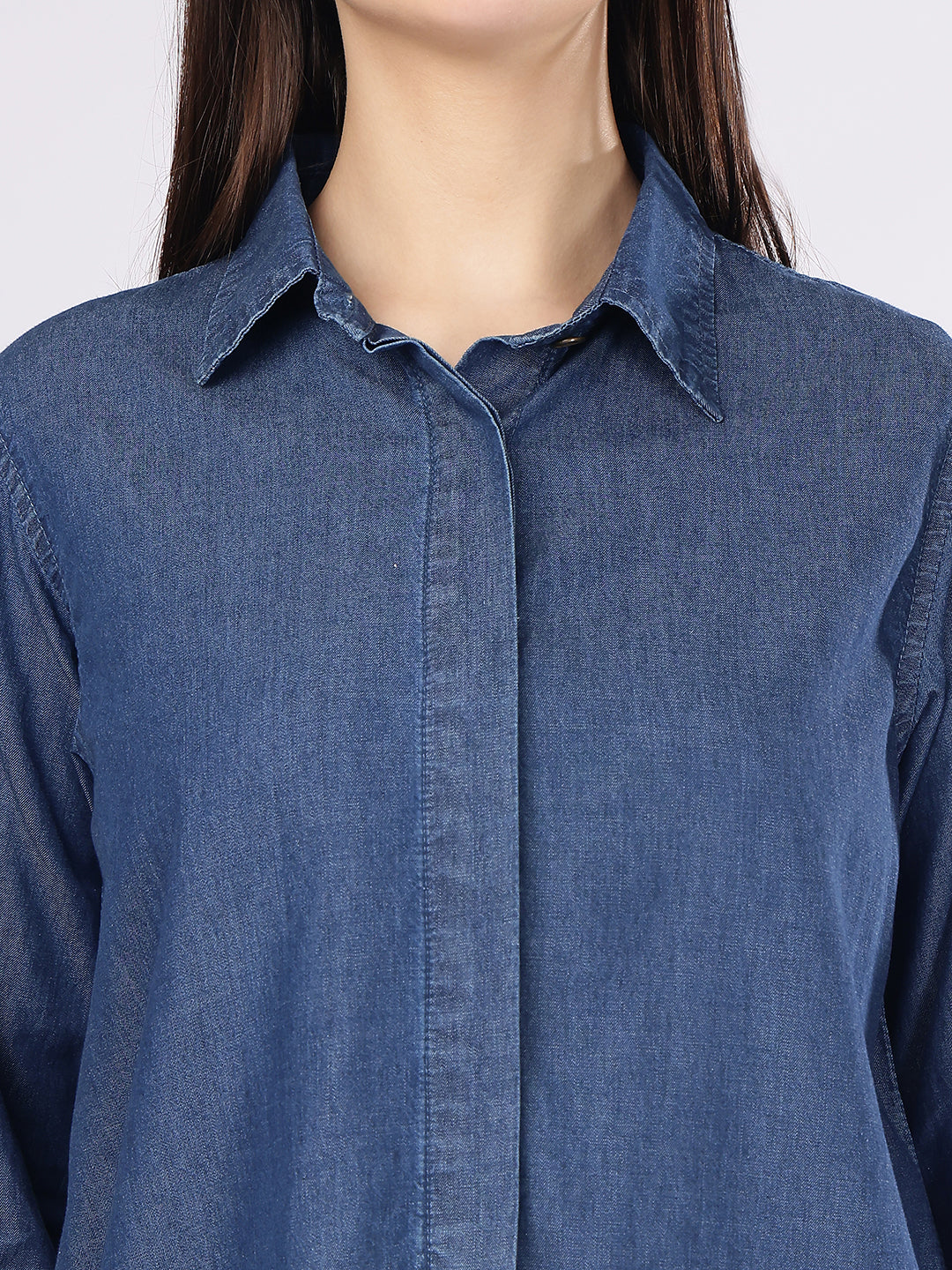 Women’s Blue Relaxed Fit Hidden Placket Denim Shirt