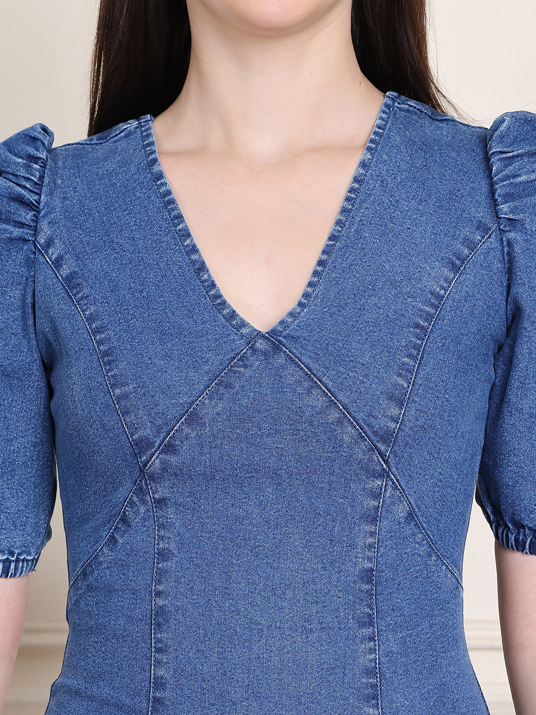 PUELLA Women’s Puff Sleeve Denim Mini Dress with Flounce Hem