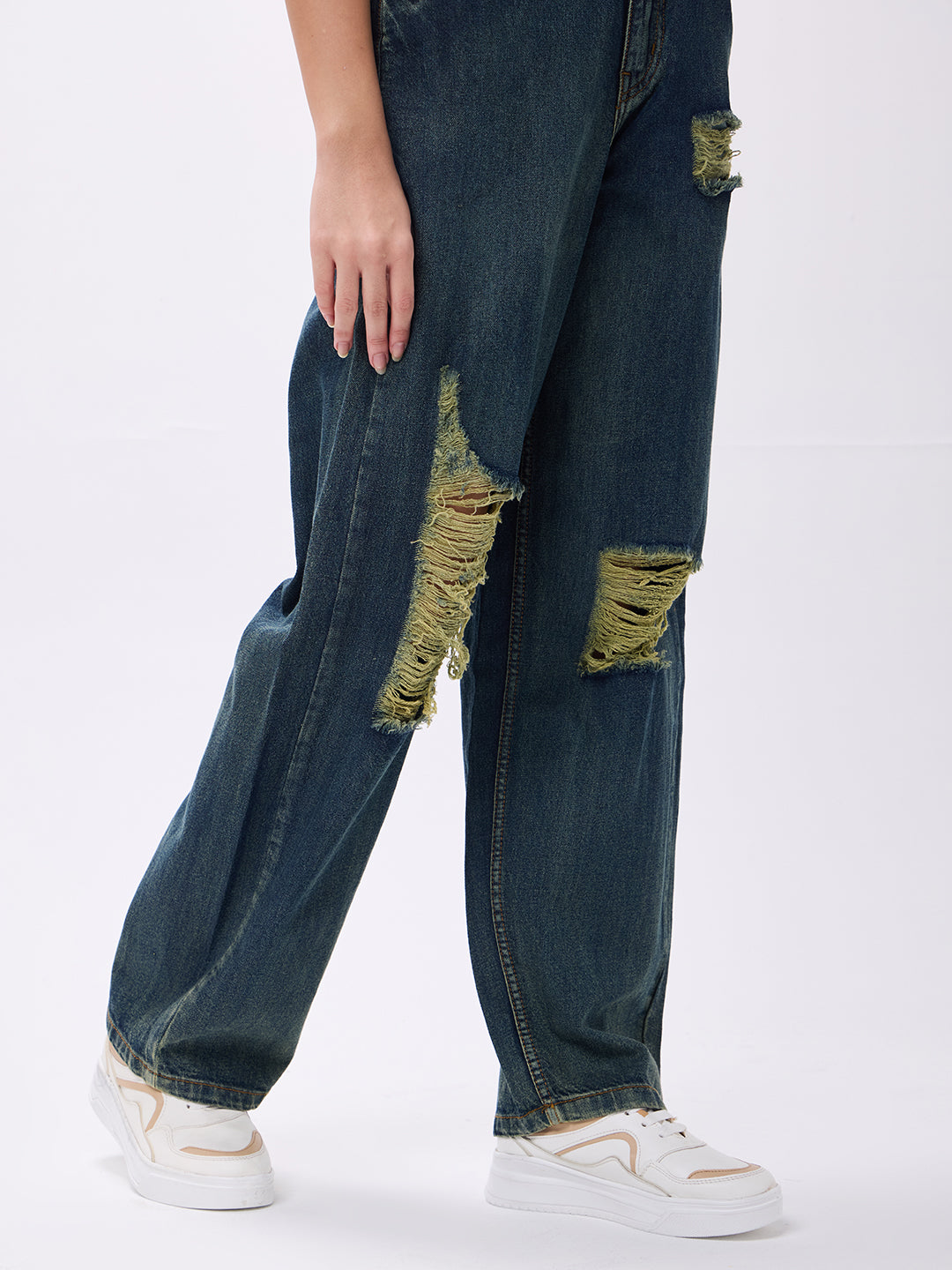 PUELLA Women High-Rise Dark Blue Distressed Wide-Leg Jeans