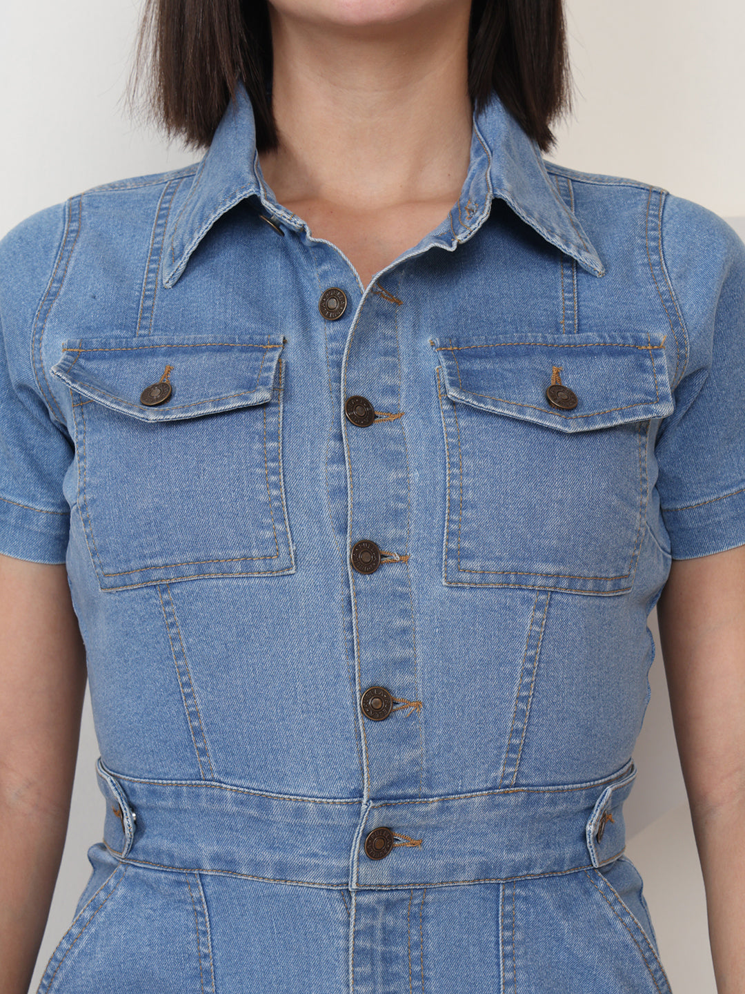 PUELLA Women Light Blue Stretch Denim Maxi Shirt Dress