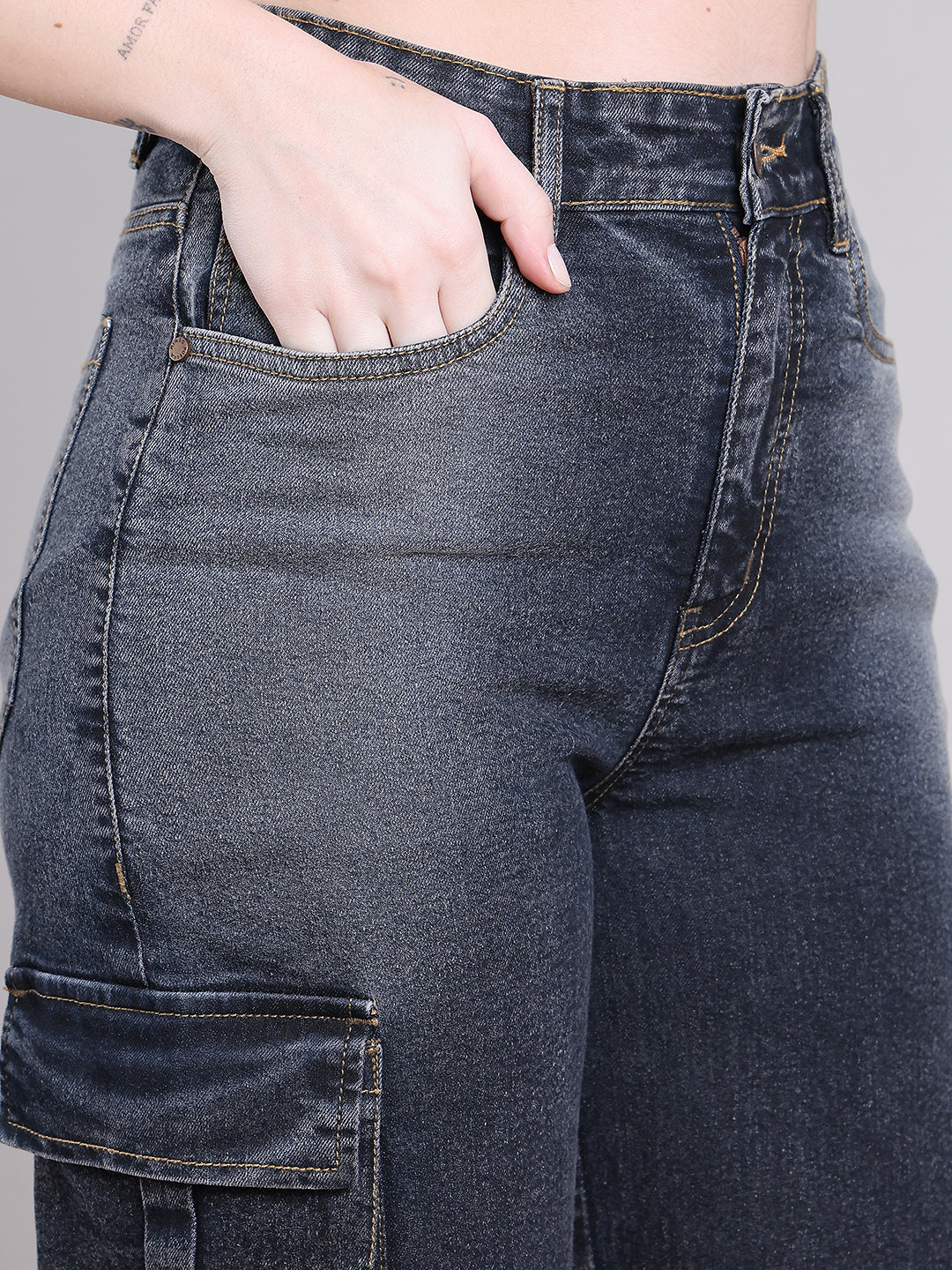 PUELLA Dark Black High-Rise Straight Fit Cargo-Style Jeans