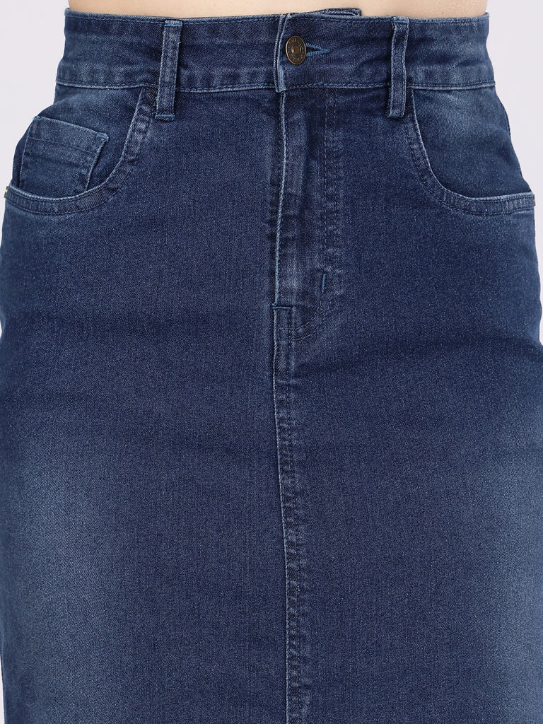 Women’s Dark Blue High-Rise Denim Straight Skirt with Front Slit