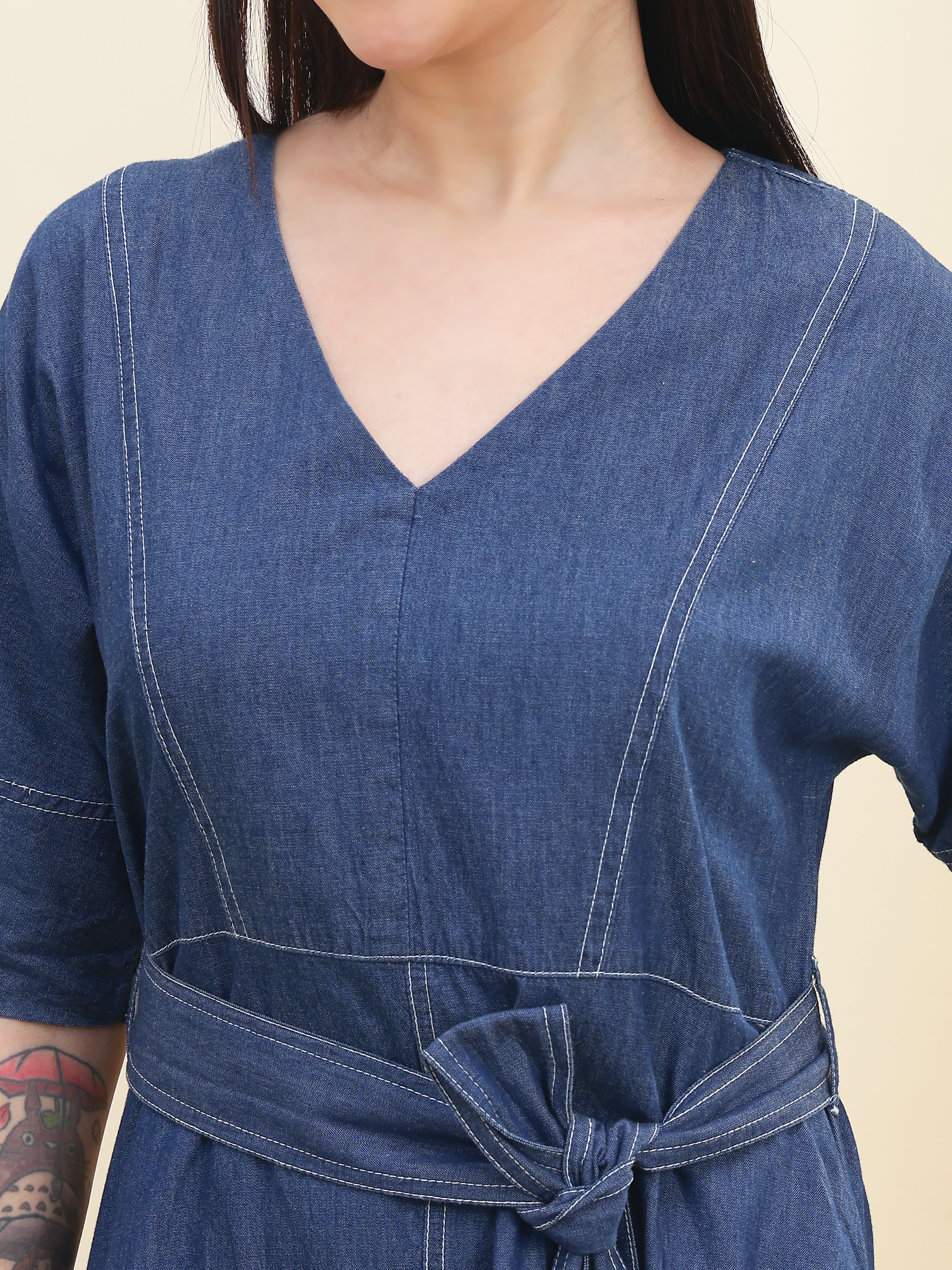 DOZER Dark Blue Denim A-Line Dress with Belt