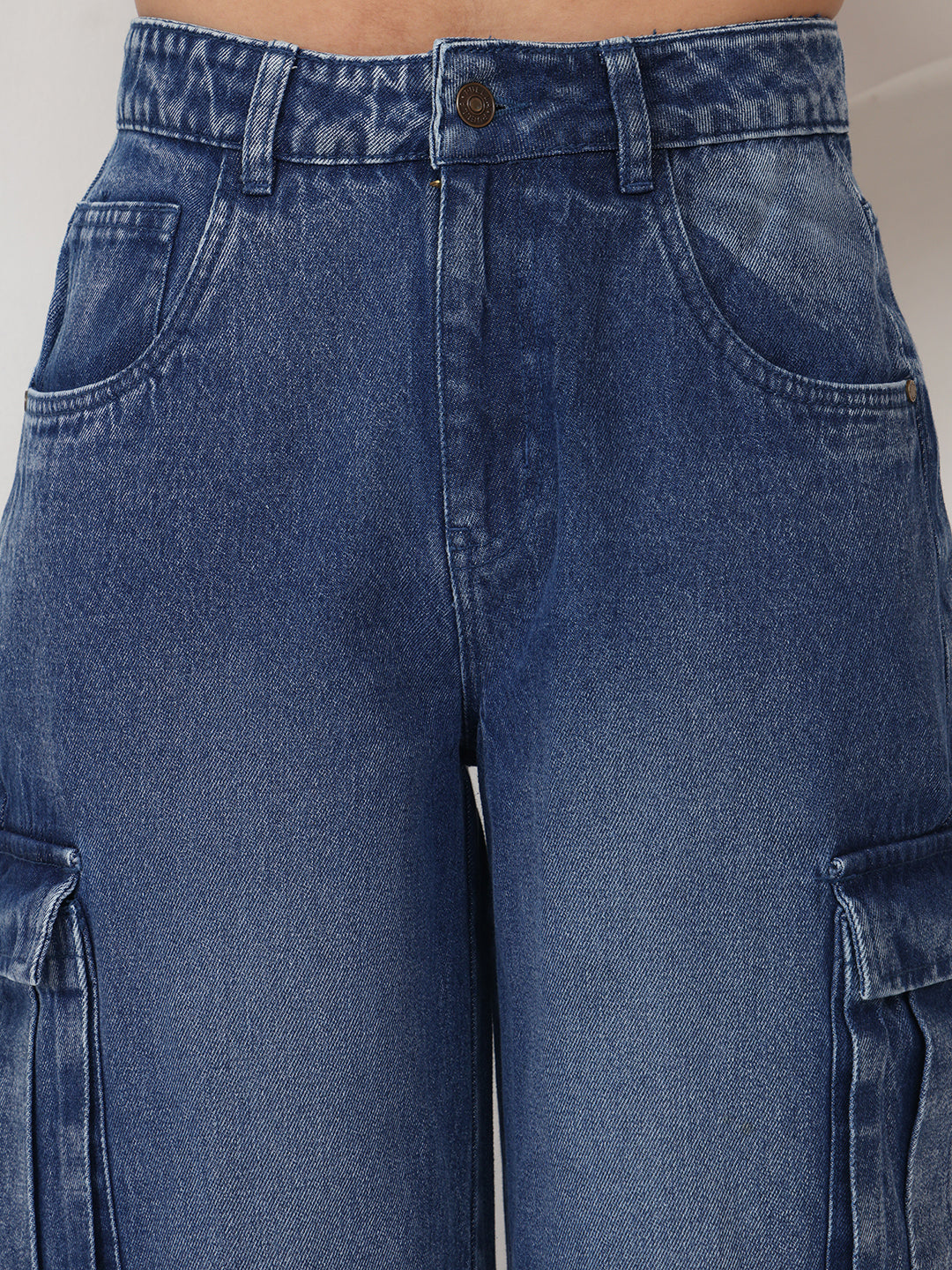 PUELLA Women Medium Blue Light-Fade High-Rise Relaxed Fit Cargo Jeans