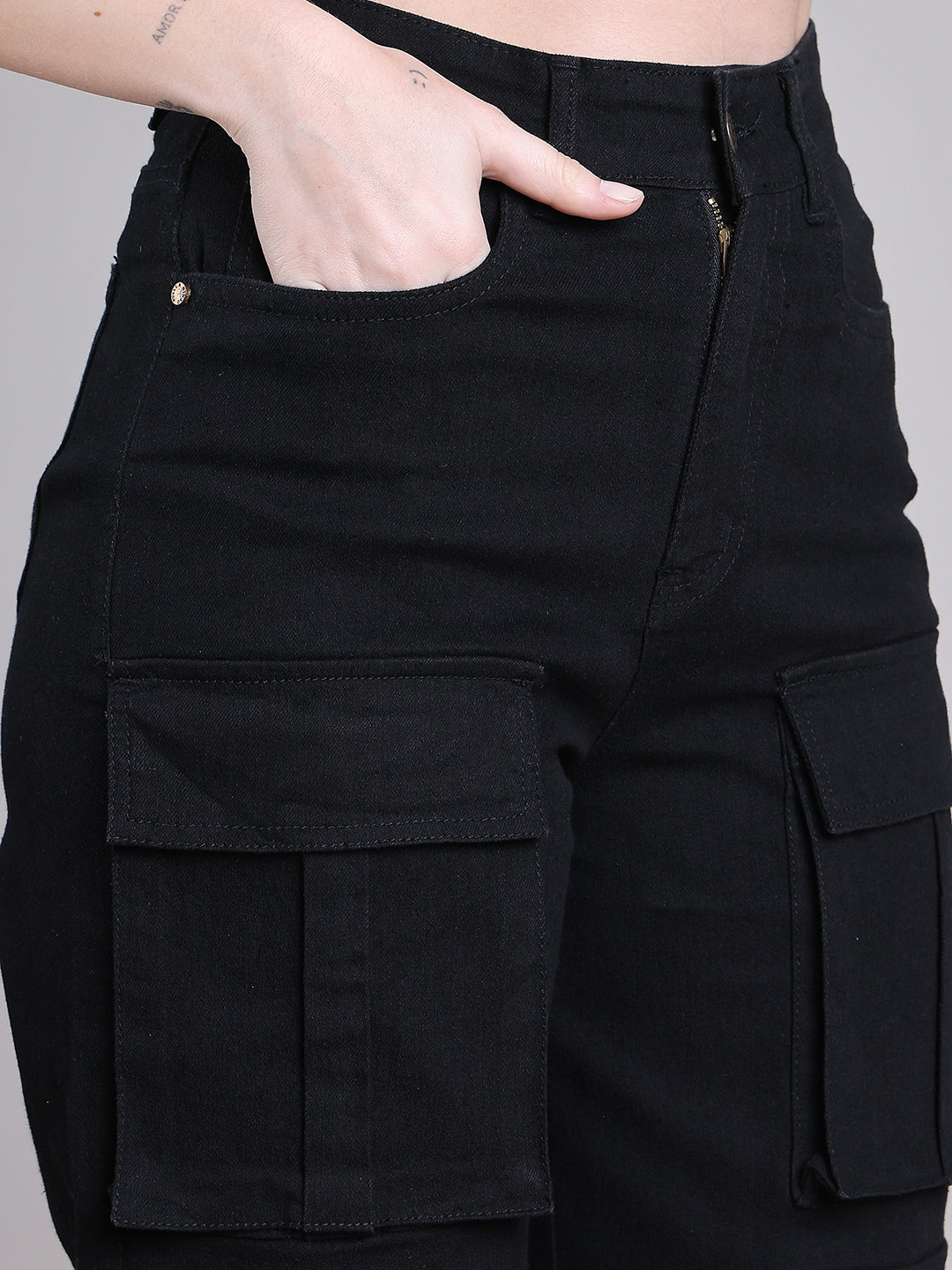 PUELLA Women Black High-Rise Multi-Pocket Cargo Wide-Leg Jeans