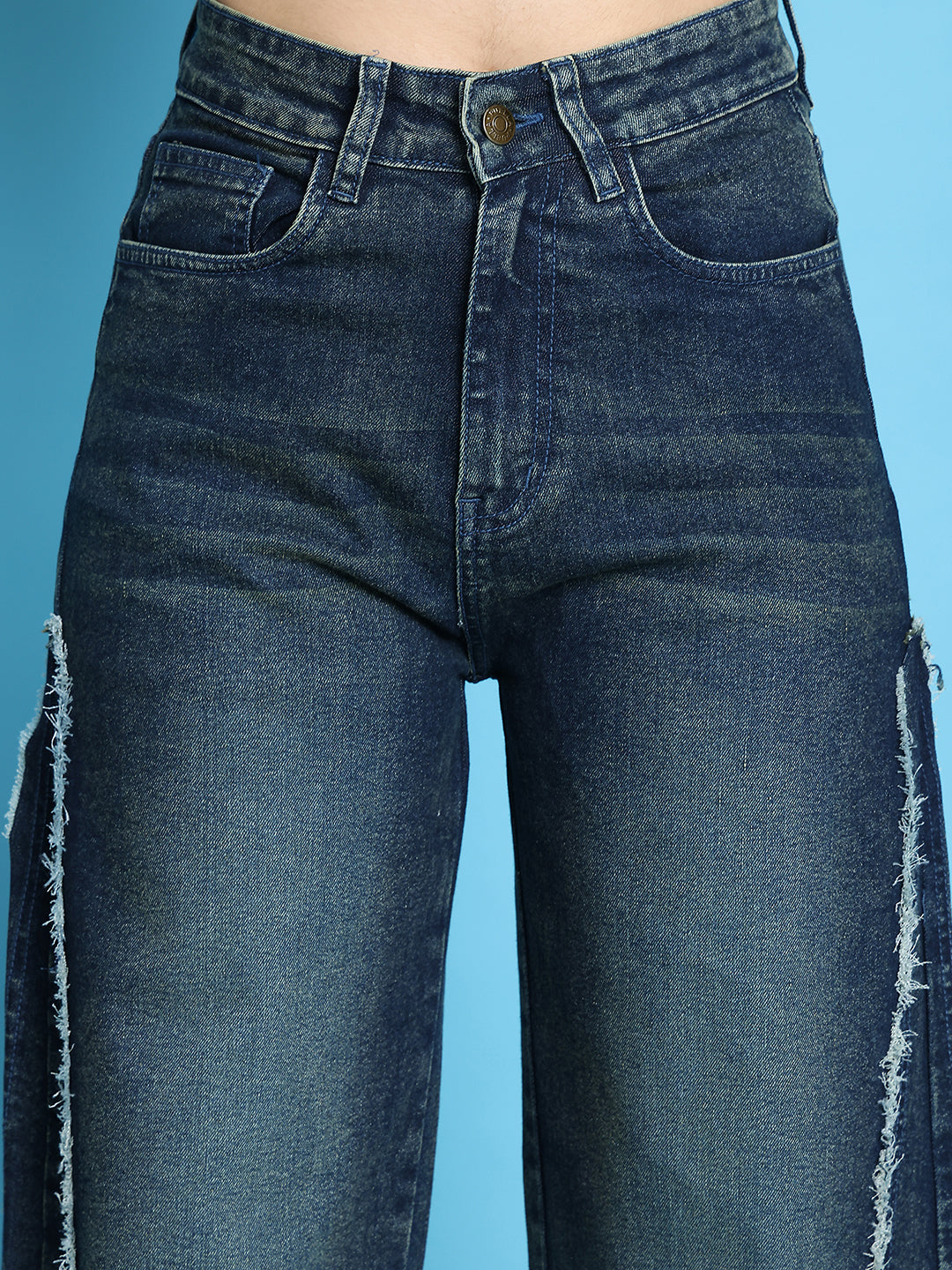 PUELLA Women High-Rise Dark Blue Side Frayed Seam Wide-Leg Jeans