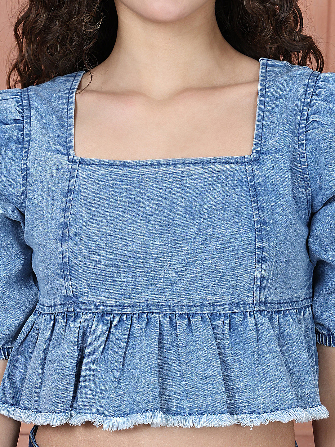 PUELLA Women’s Denim Puff Sleeve Peplum Crop Top – Stylish Square Neck Western Wear