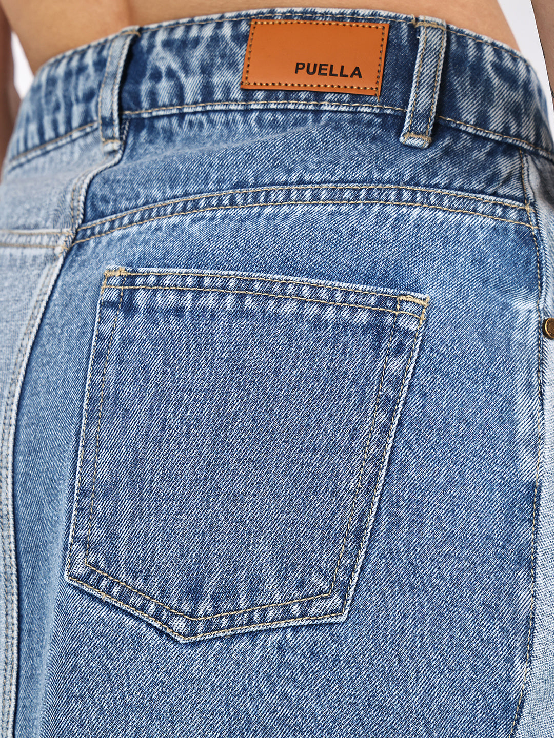 PUELLA Women's  Blue Colourblocked A-Line Mini Denim Skirt