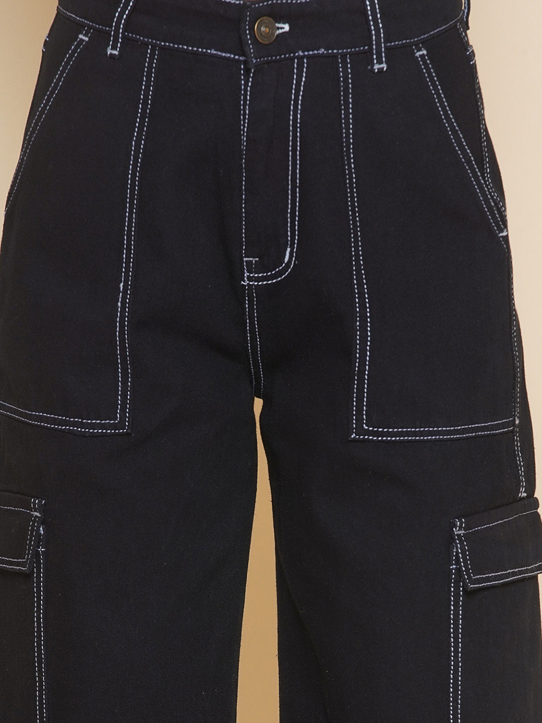 PUELLA Women’s Black Cargo Straight Fit stretchable Jeans with Contrast Stitching – Multi-Pocket Utility Denim