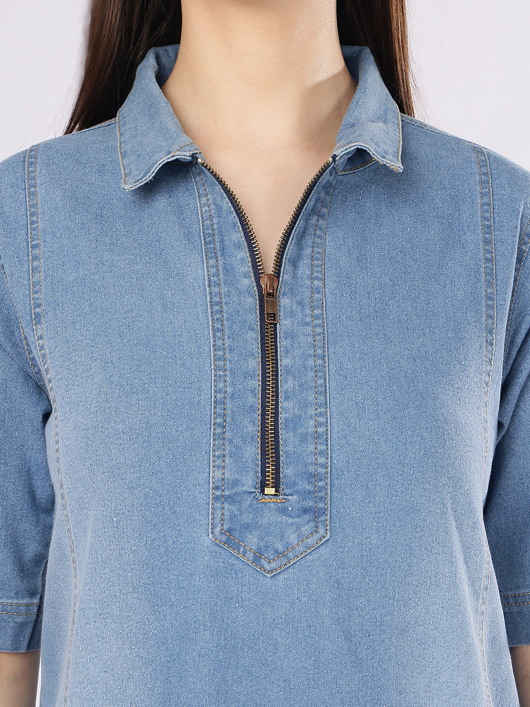 Women's Light Blue Short Sleeve Denim Shift Dress – Casual High-Neck Quarter-Zip Mini Tunic Dress