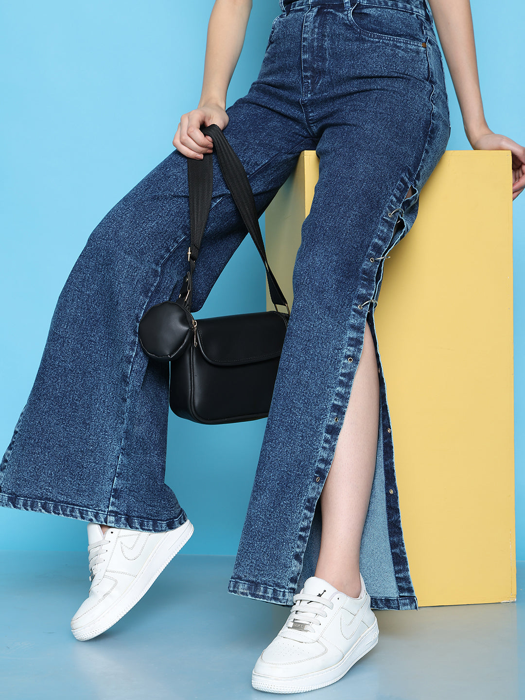 PUELLA Women High-Rise Dark Blue Side Slit Wide-Leg Jeans with Metal Ring Detailing