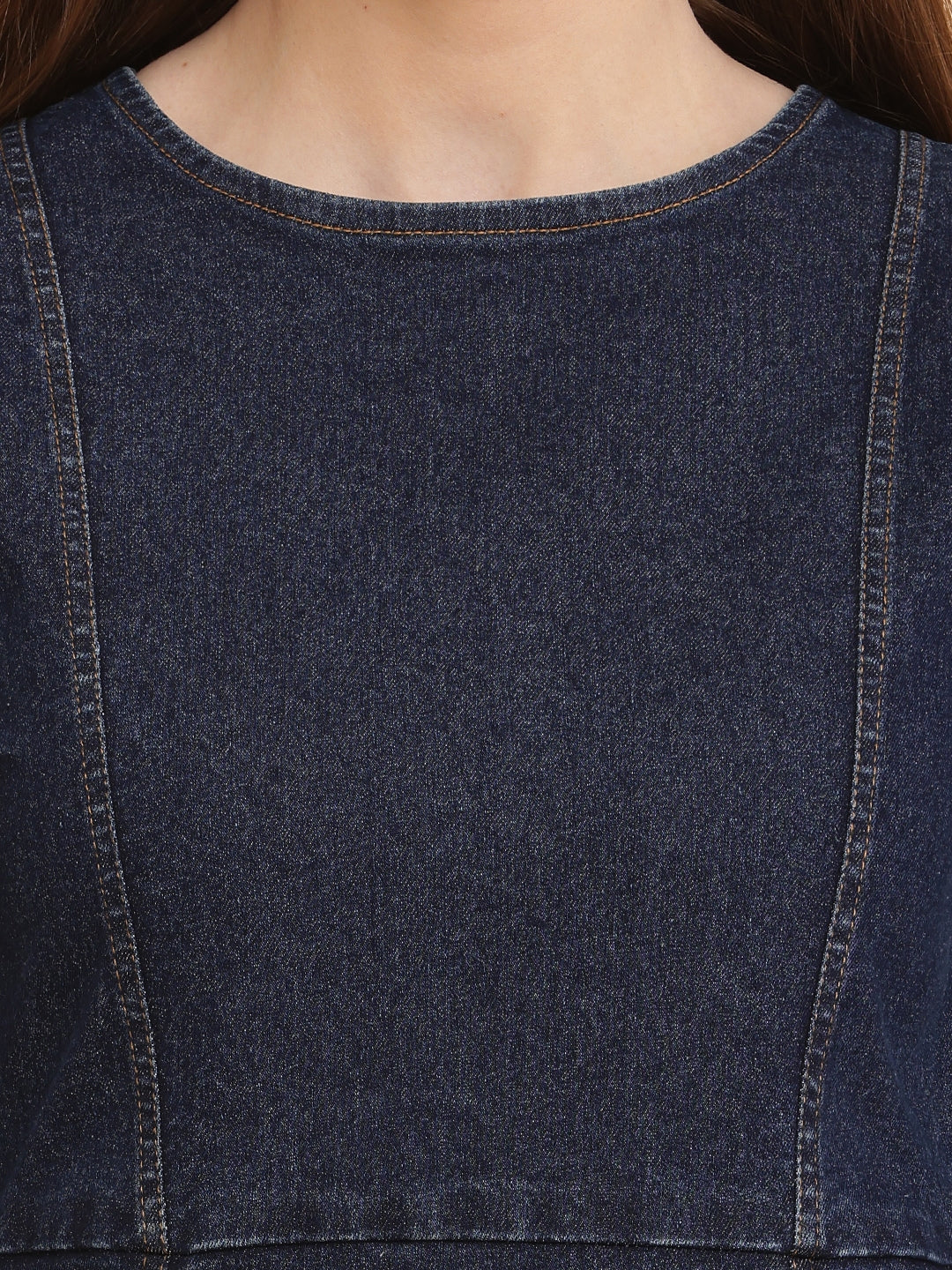 PUELLA Women Dark Blue Solid Denim Mini Dress with Puff Sleeves