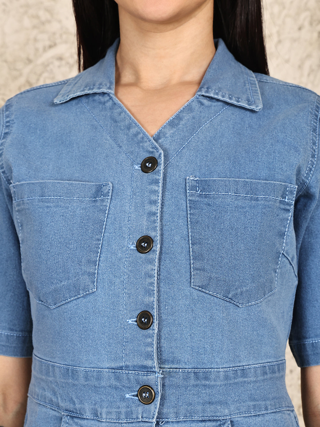 PUELLA Women’s Denim Button-Down Shirt Collar Mini Dress with Pockets – Blue Bodycon Casual Wear