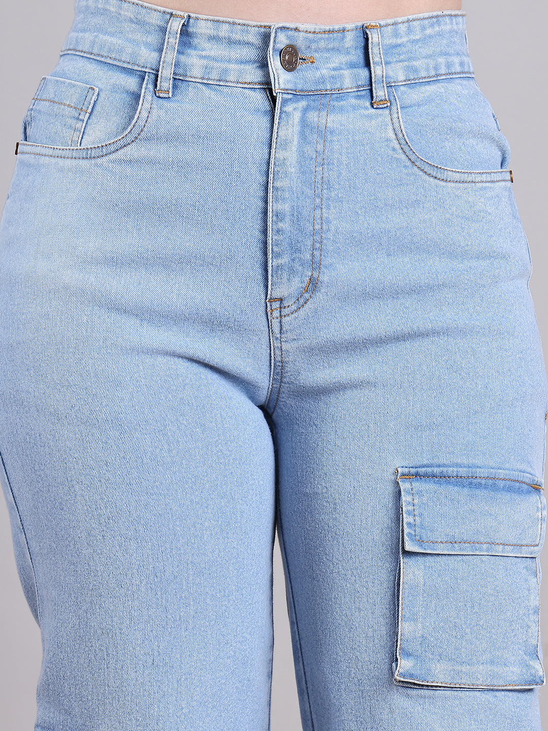 PUELLA Women Light Blue High-Rise Multi-Pocket Cargo Wide-Leg Jeans