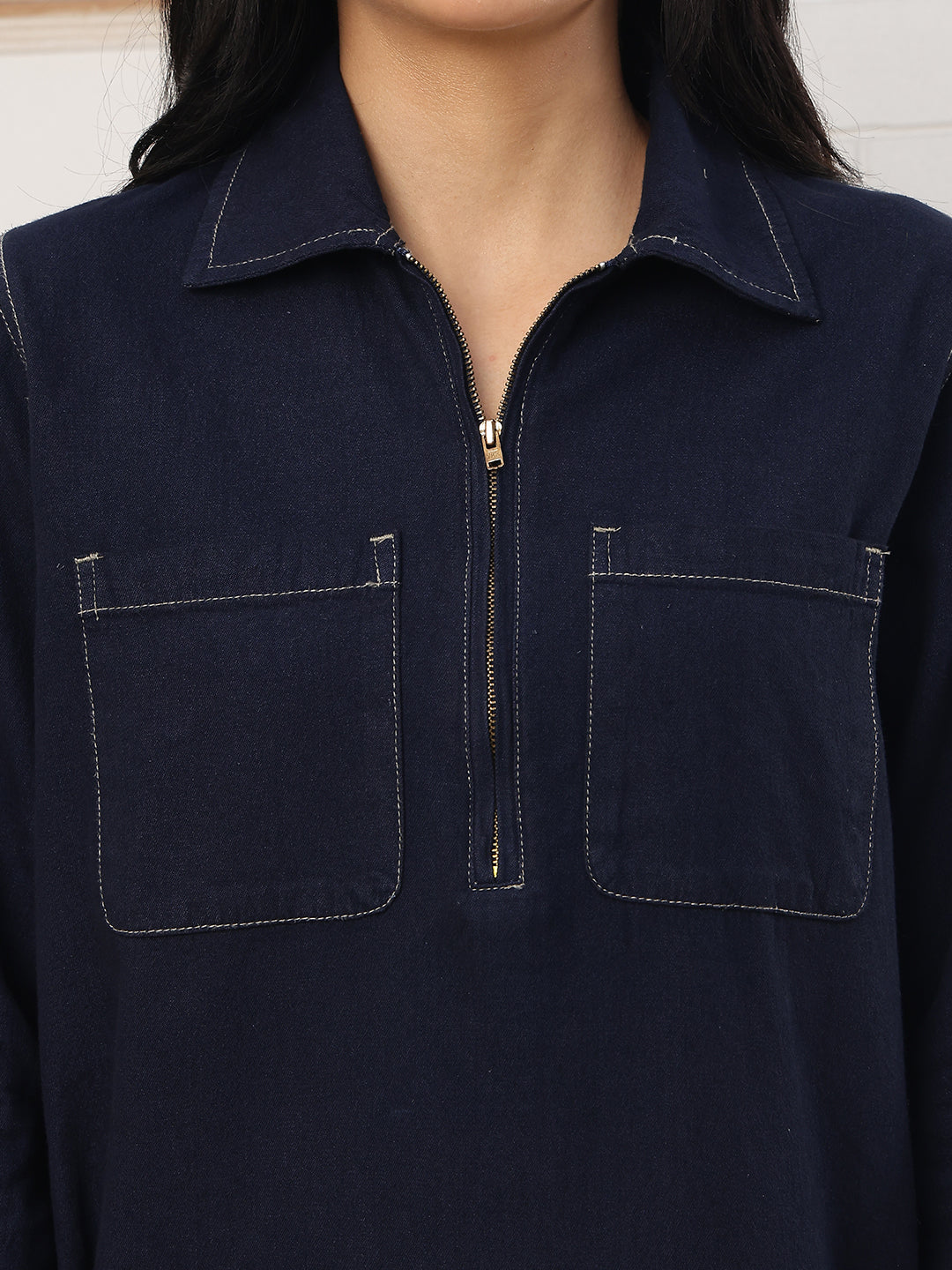 Women's Navy Blue Long Sleeve Denim Shift Dress – Casual High-Neck Quarter-Zip Mini Dress with Contrast Stitching