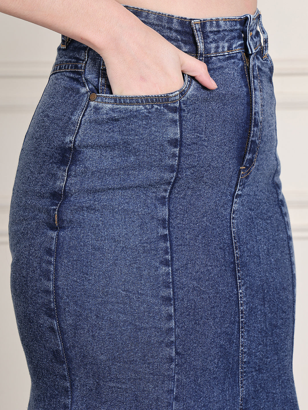 PUELLA Women's Blue Solid Flared Midi Denim Skirt