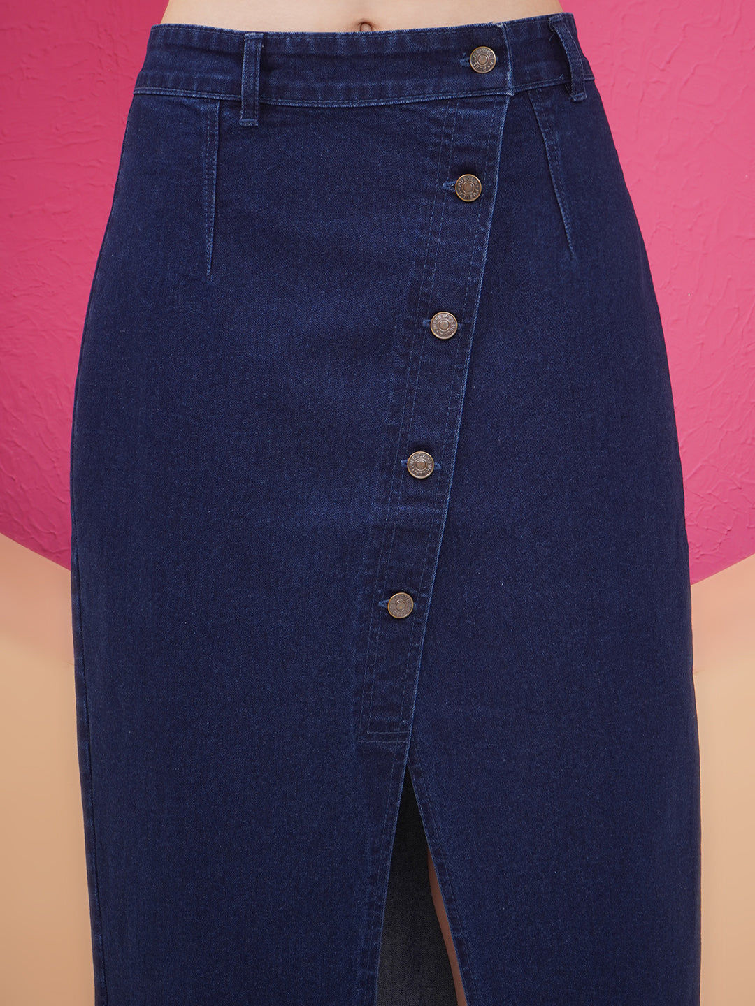 PUELLA Women’s Dark Blue High-Rise Midi Denim Skirt with Front Slit & Button Detailing